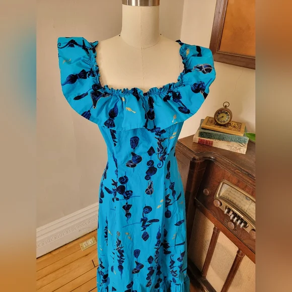 Vintage Blue Hawaiian Mid Century Seahorse Print Maxi Dress Ruffle Medium - Picture 3 of 11